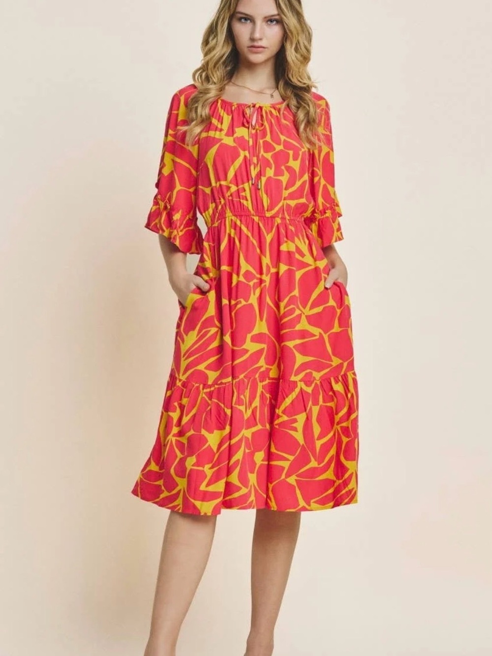 Tie-Neck Tiered Midi Dress in Pink and Yellow